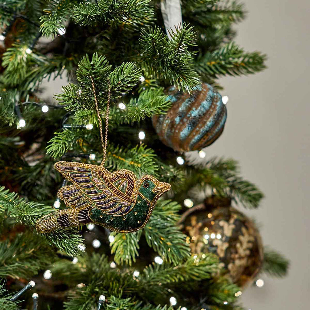 Green Embroidered Bird Decoration - Angela Reed - Christmas Decorations