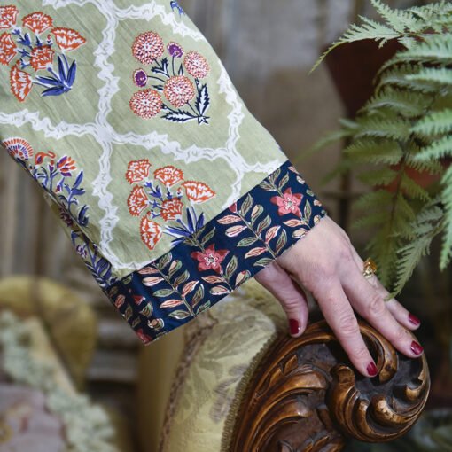 Green Framed Small Floral Block Print Dressing Gown - Angela Reed - 