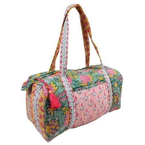 Green, Lemon & Pink Mixed Block Floral Zip Top Quilted Duffle Bag - Angela Reed - 