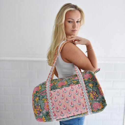 Green, Lemon & Pink Mixed Block Floral Zip Top Quilted Duffle Bag - Angela Reed - 