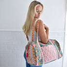 Green, Lemon & Pink Mixed Block Floral Zip Top Quilted Duffle Bag - Angela Reed - 