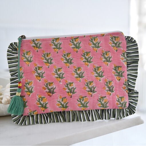 Green Ogee and Pink Mixed Fabric Quilted Make Up Bag - Angela Reed - 