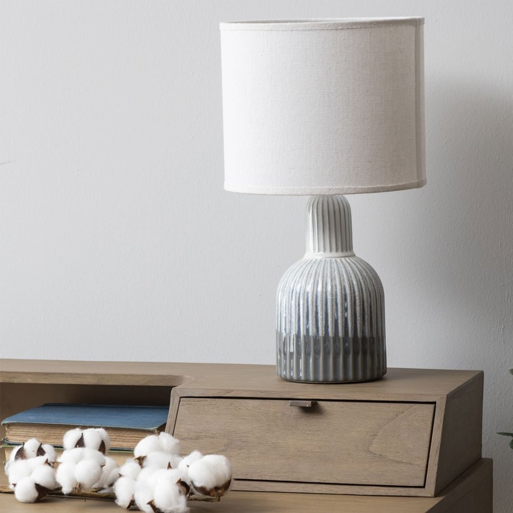 Grey Porcelain Lamp with Ribbed Detailing and White Shade