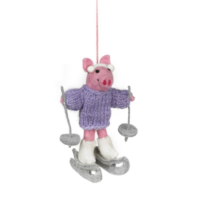 Handmade Felt Skiing Pig Hanging Decoration