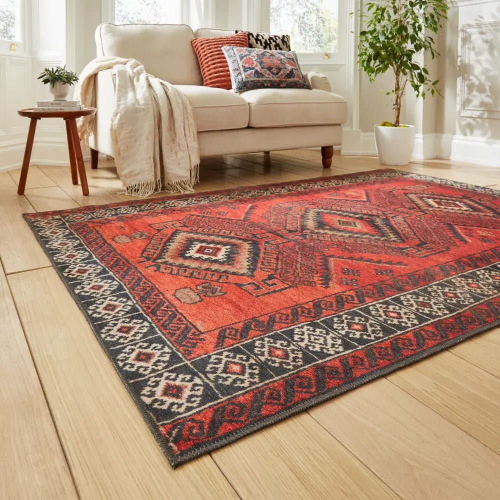 Kashmar Washable Rug, Red 60 x 230cm runner,127 x 170cm,152 x 230cm,190 x 290cm