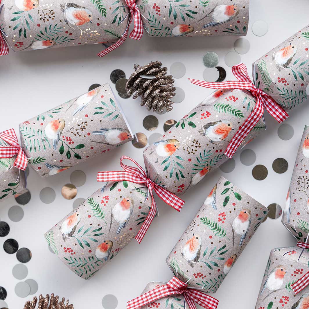 Luxury Kraft Robin Christmas Crackers, Pack of 6
