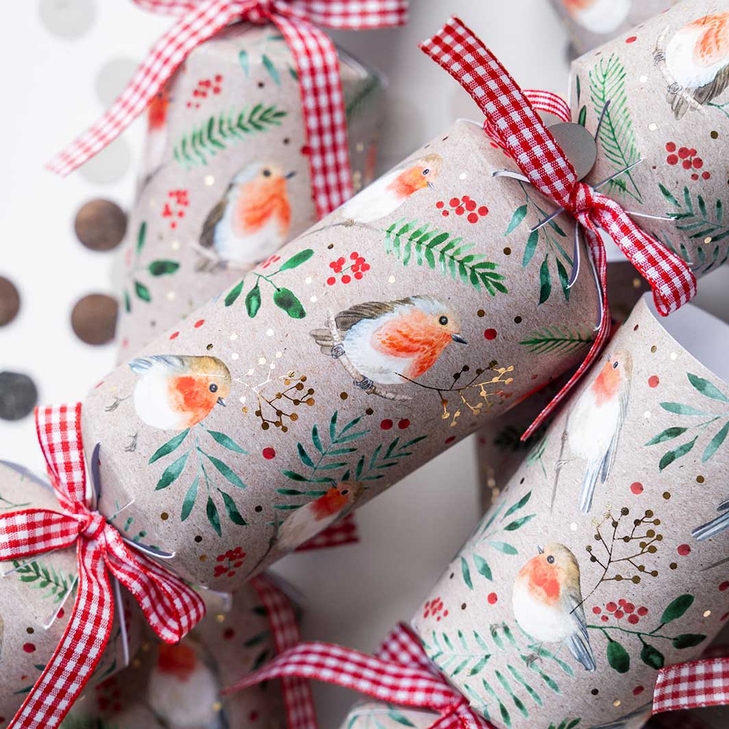 Luxury Kraft Robin Christmas Crackers, Pack of 6