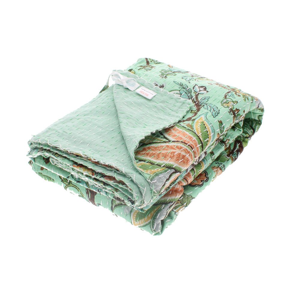 Mint Exotic Flower Kantha Throw, 150 x 230cm - Angela Reed -