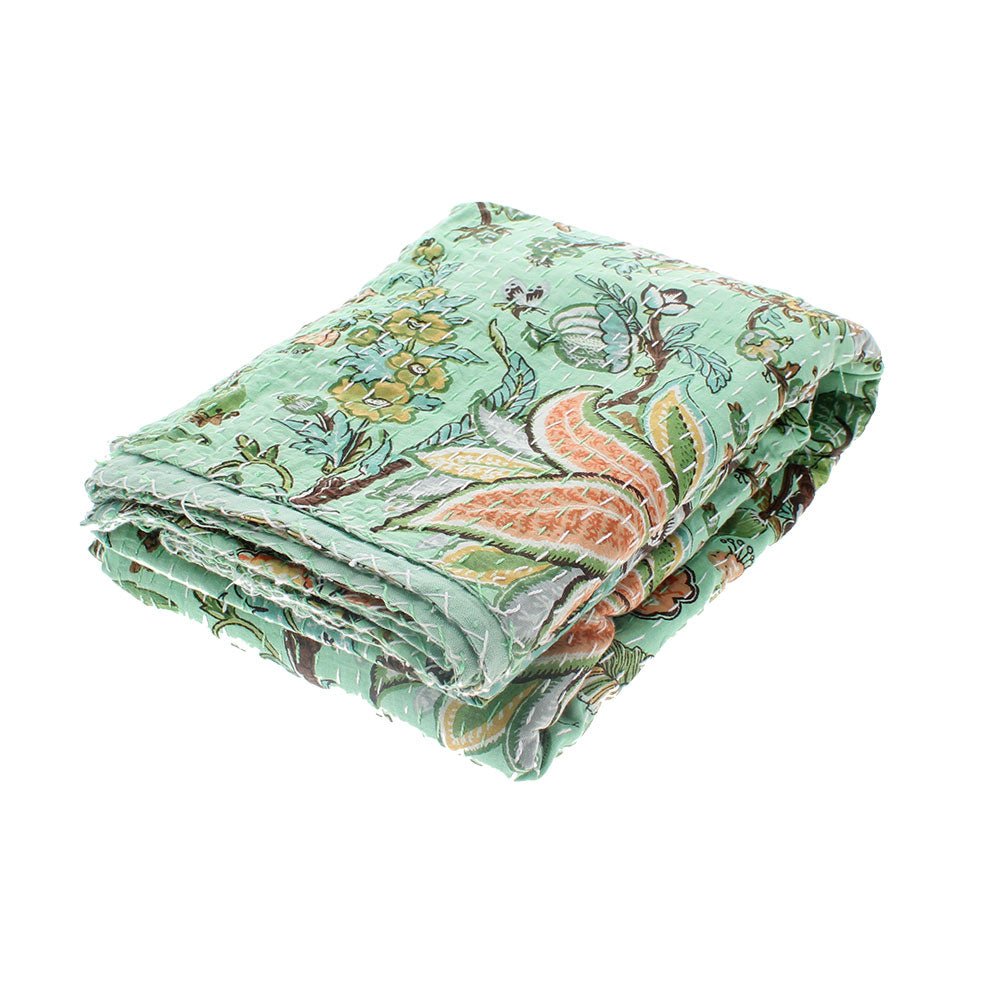 Mint Exotic Flower Kantha Throw, 150 x 230cm - Angela Reed -