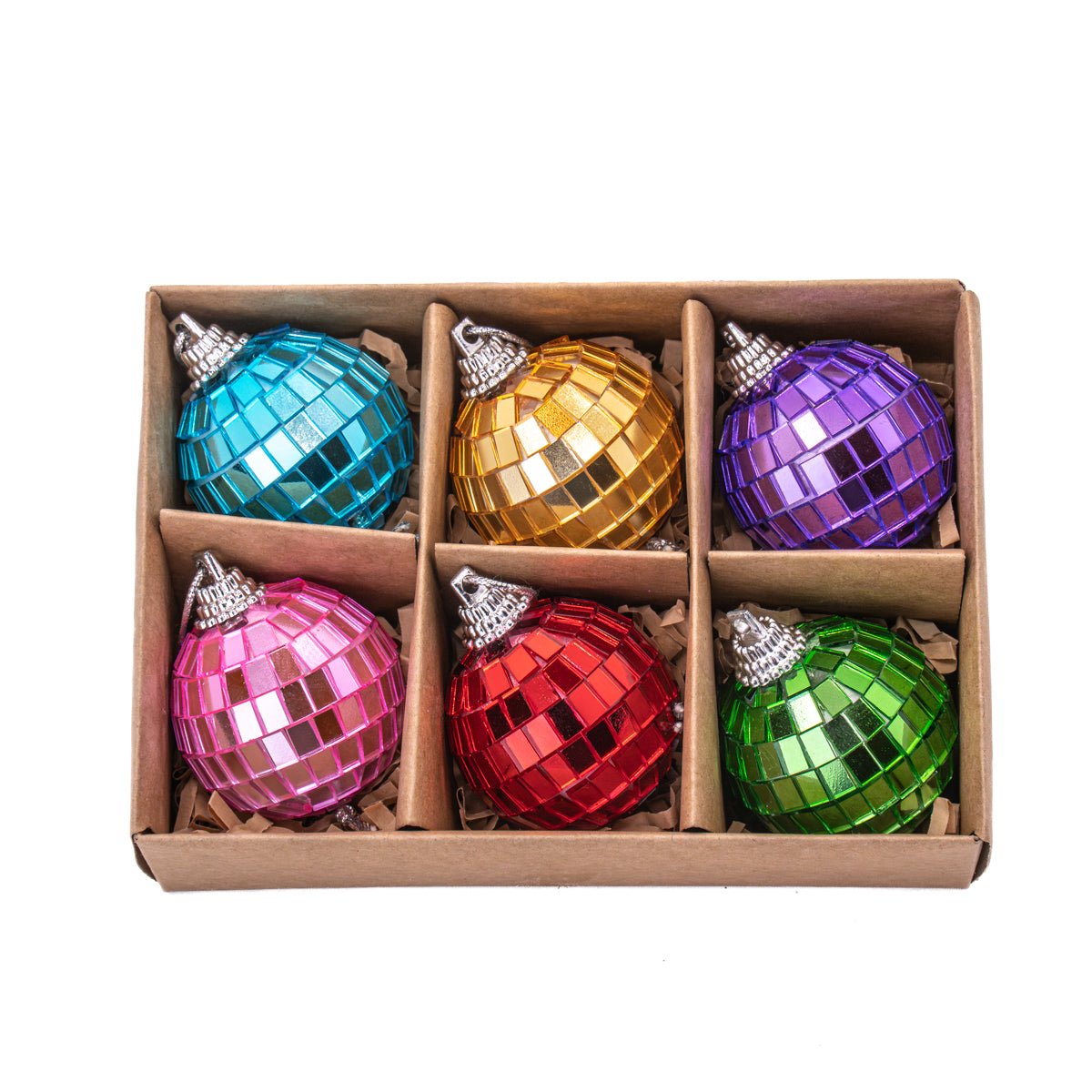 Multicoloured Mirror Ball Bauble, Set of 6