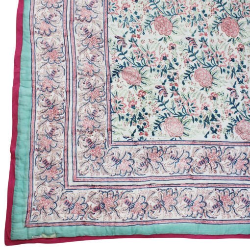 Pale Turquoise Floral Print Cotton Bedspread - Angela Reed - 