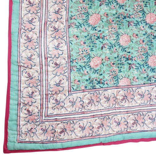 Pale Turquoise Floral Print Cotton Bedspread - Angela Reed - 