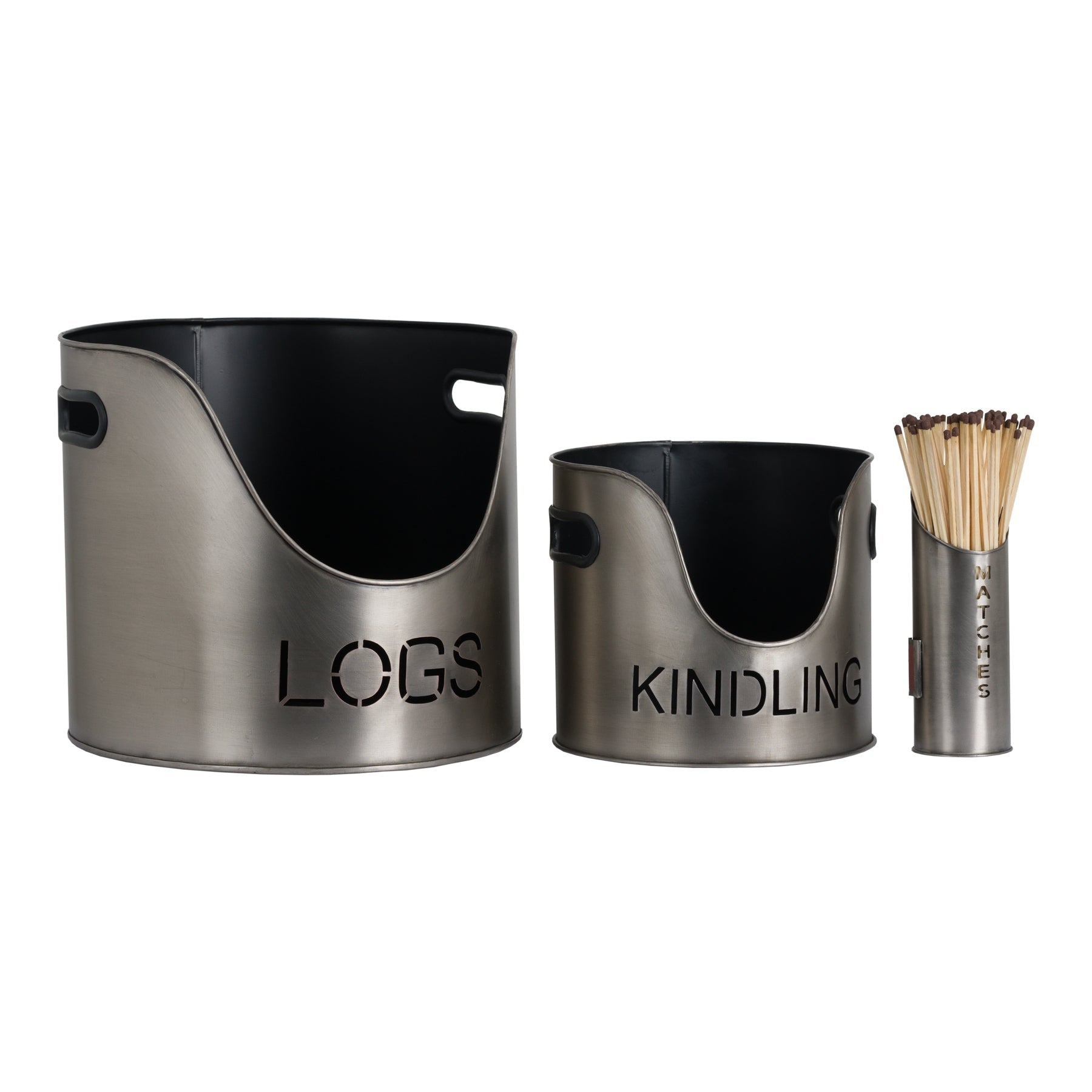Pewter Finish Logs And Kindling Buckets & Matchstick Holder - Angela Reed - 