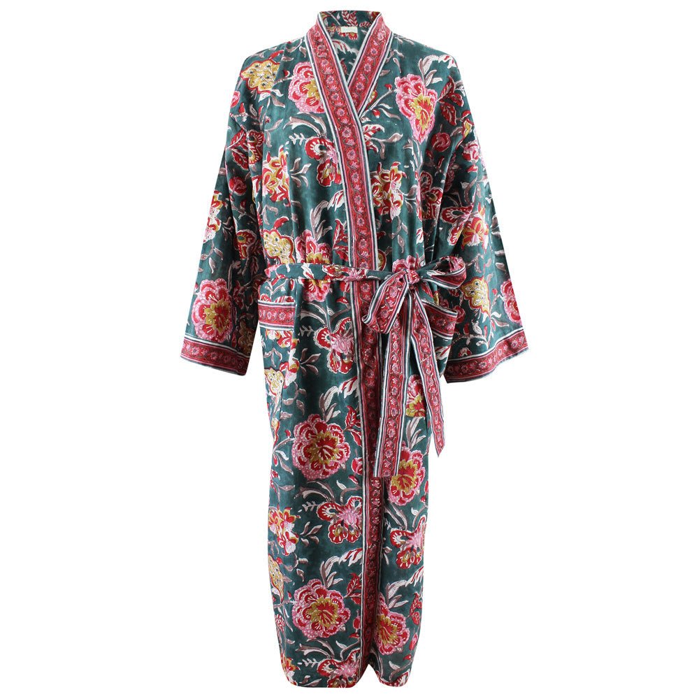 Pine Green and Red Block Print Dressing Gown - Angela Reed - 