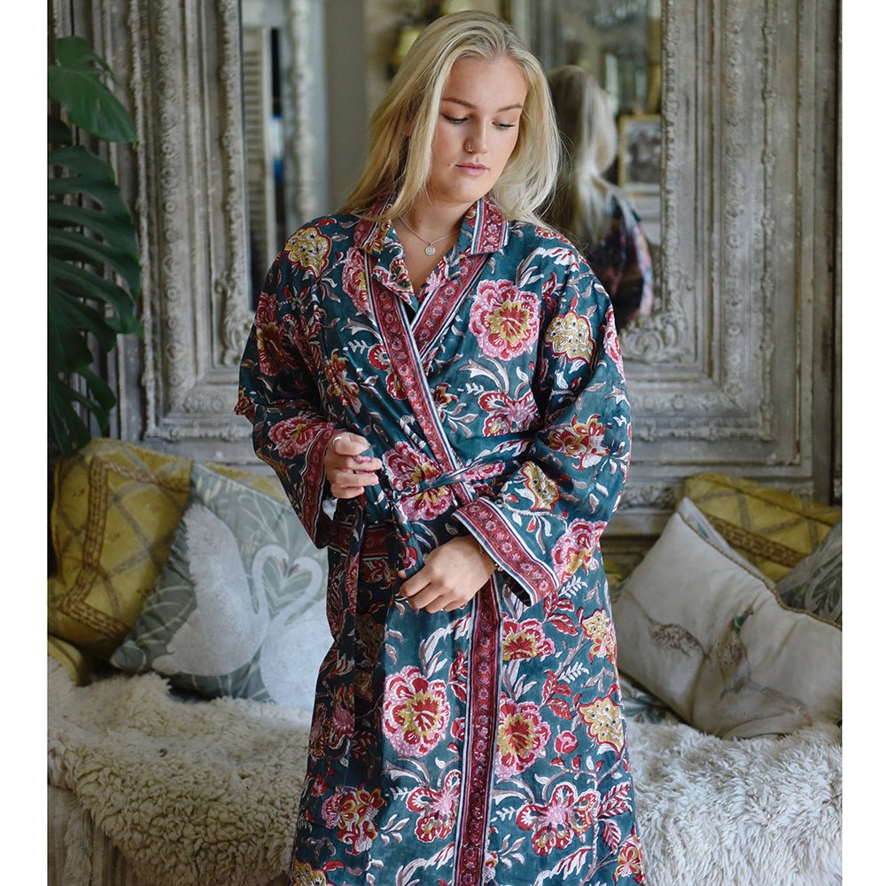 Pine Green and Red Block Print Dressing Gown - Angela Reed - 