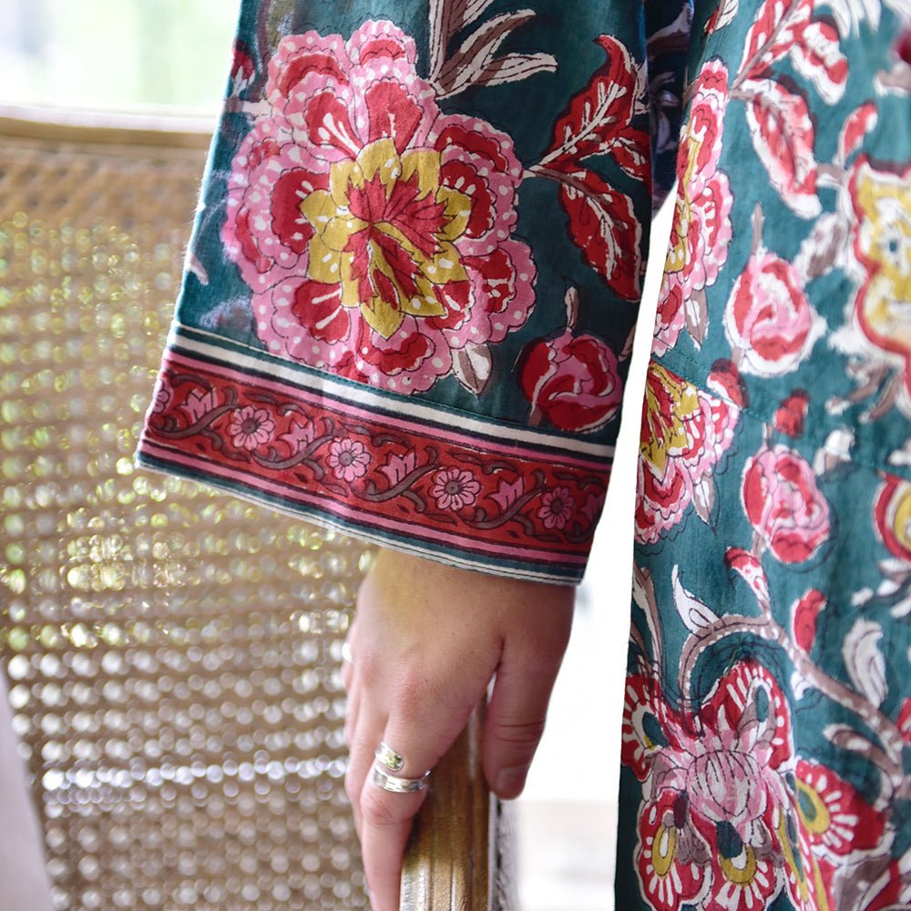 Pine Green and Red Block Print Dressing Gown - Angela Reed - 