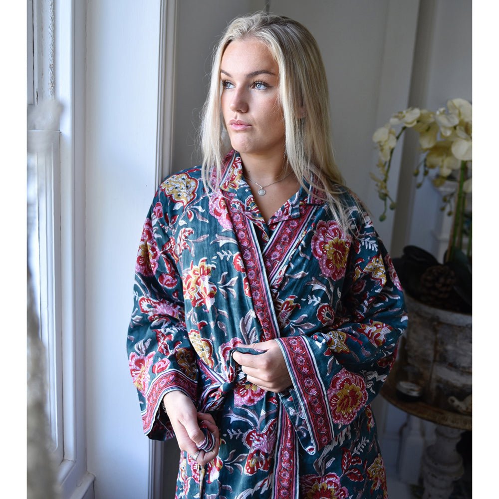Pine Green and Red Block Print Dressing Gown - Angela Reed - 