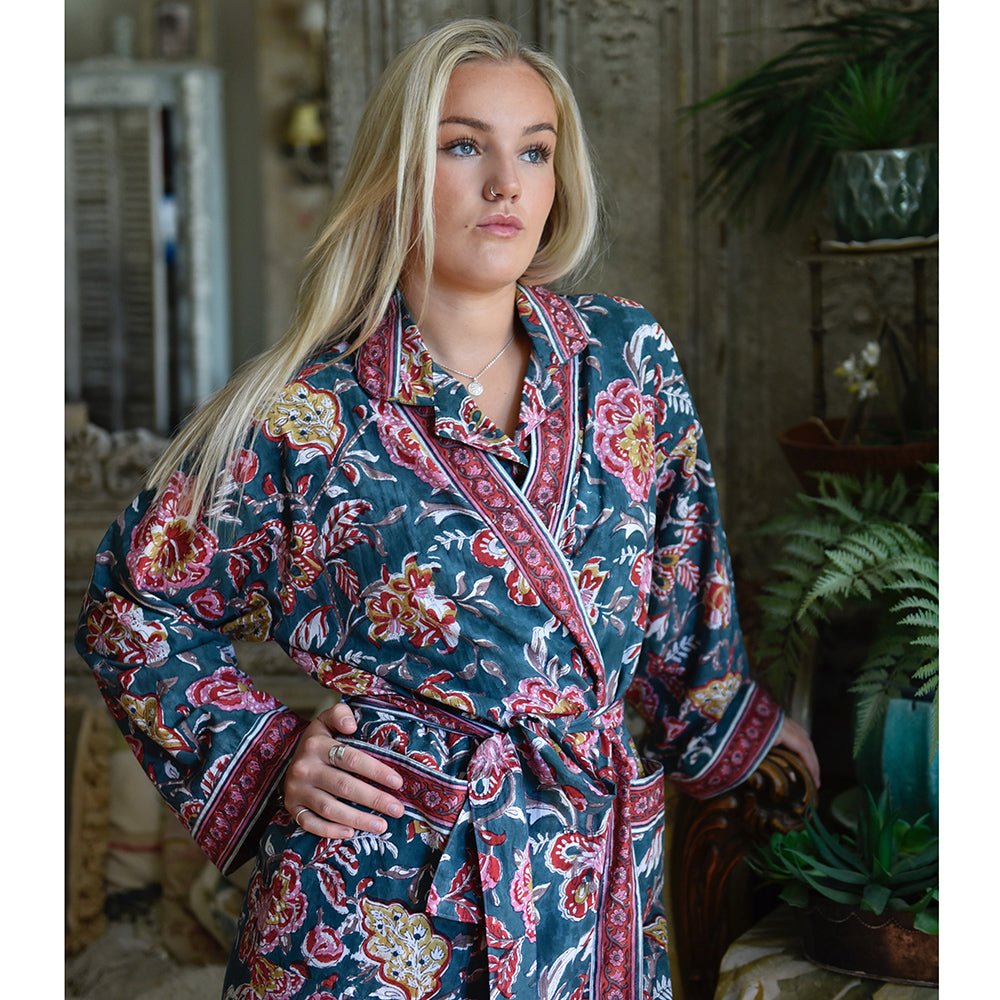 Pine Green and Red Block Print Dressing Gown - Angela Reed - 