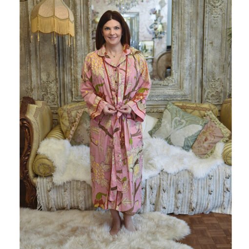 Pink, Cream & Burnt Orange Large Botanical Print Dressing Gown - Angela Reed - 