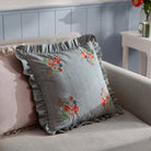Ruffled Embroidered Cushion in Blue