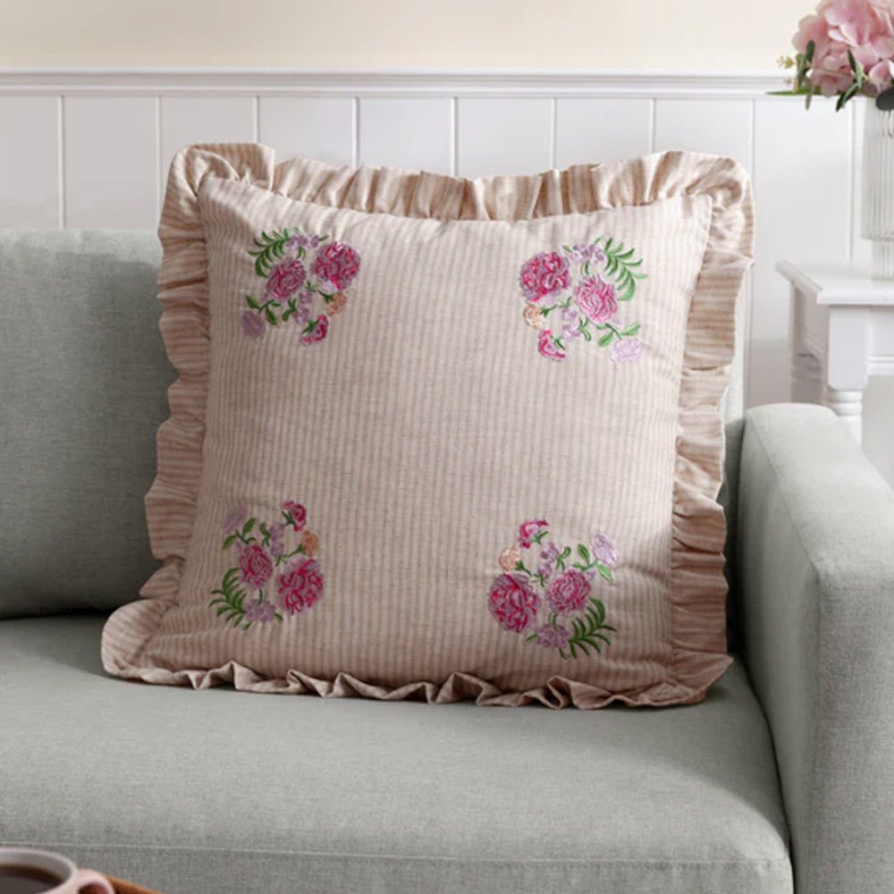 Ruffled Embroidered Cushion in Pink