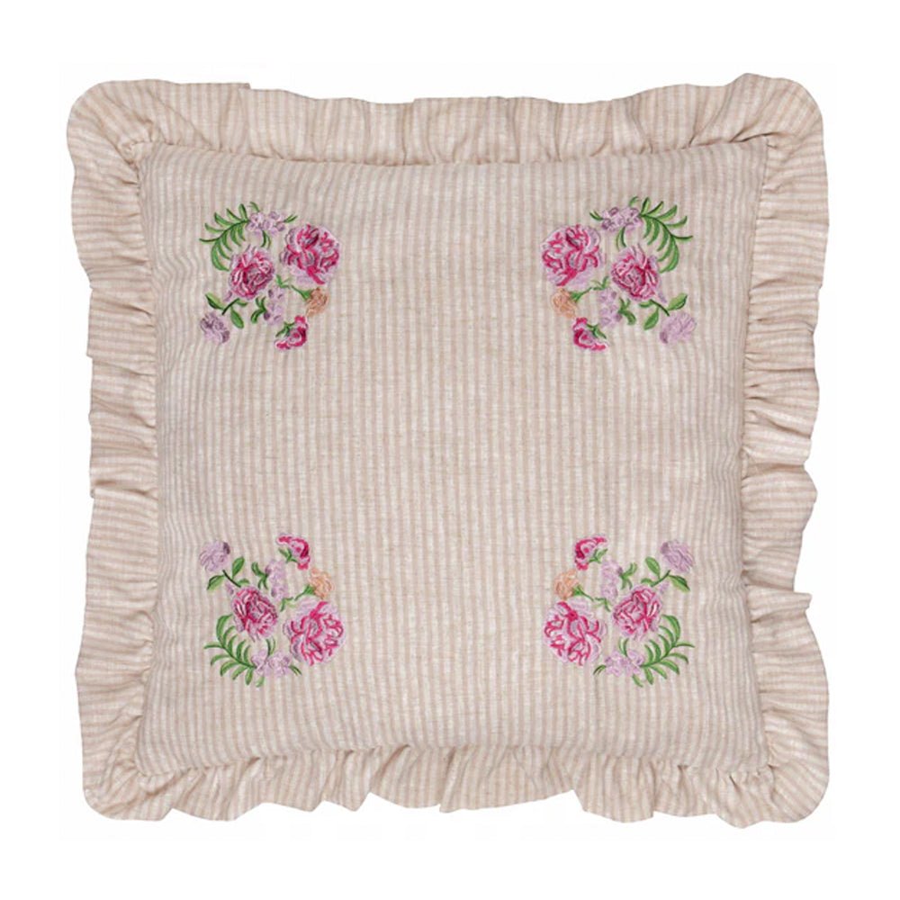 Ruffled Embroidered Cushion in Pink