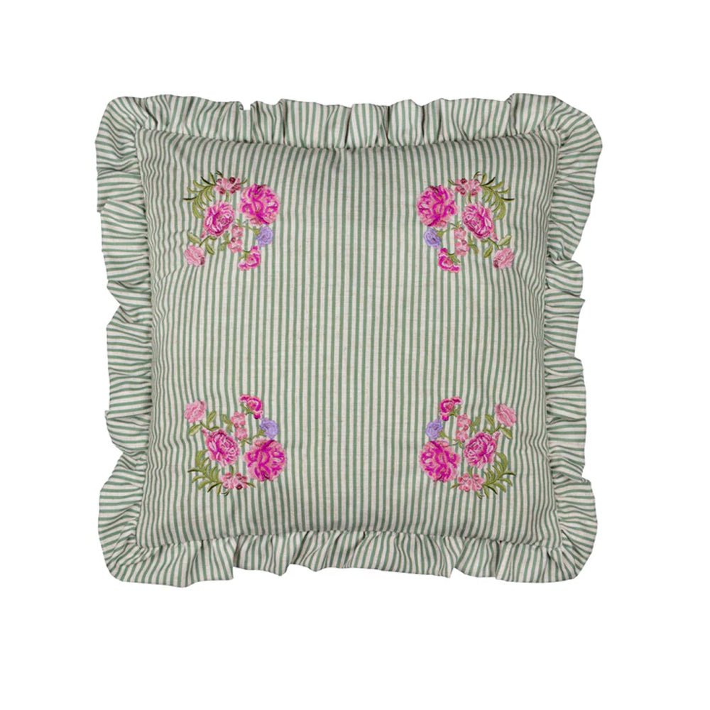 Ruffled Embroidered Cushion in Sage