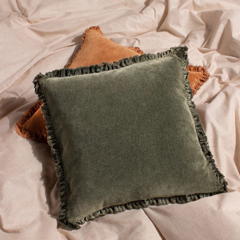 Ruffled Velvet Cushion in Moss Green - Angela Reed - 