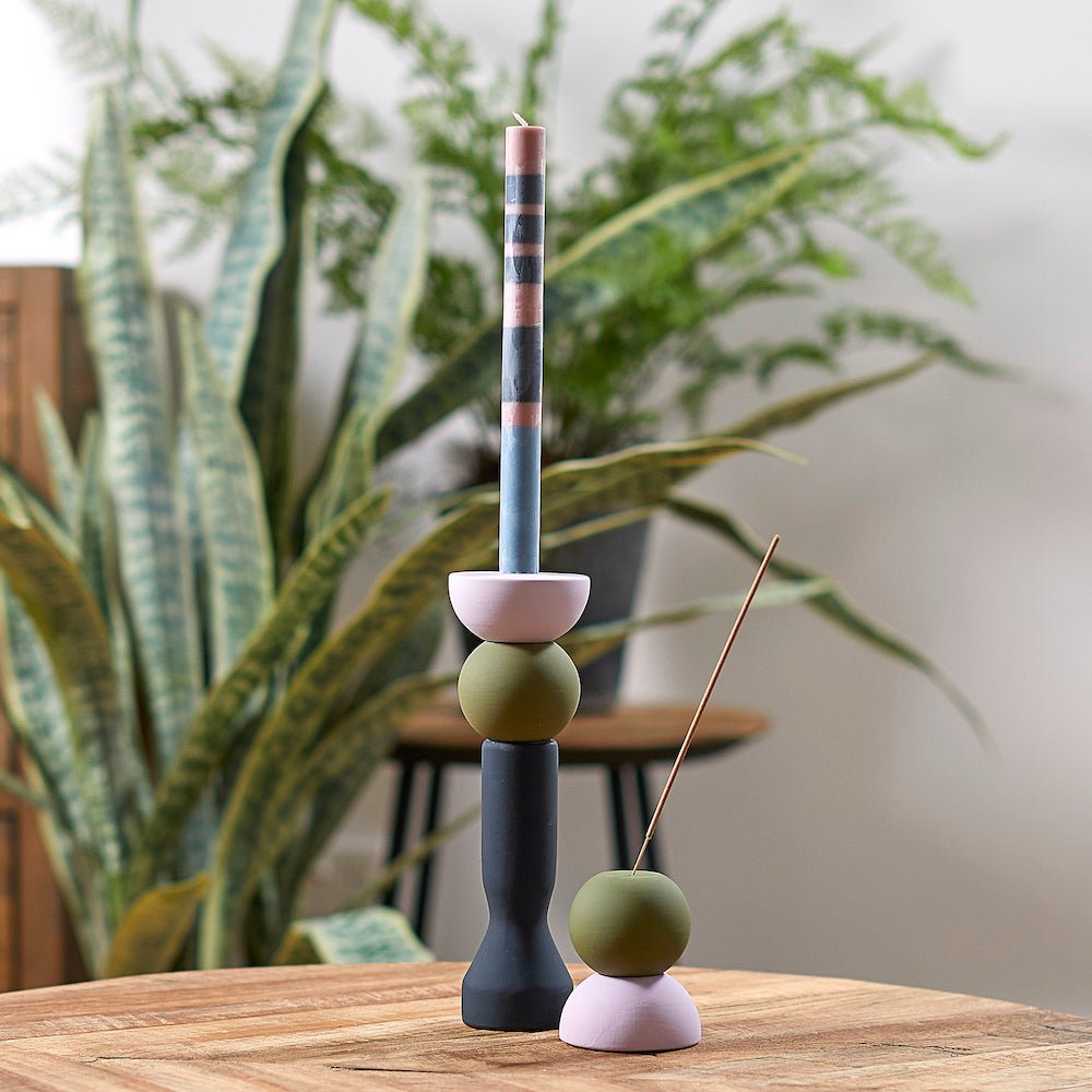 Small Stack Double Candle and Incense Holder in Olive