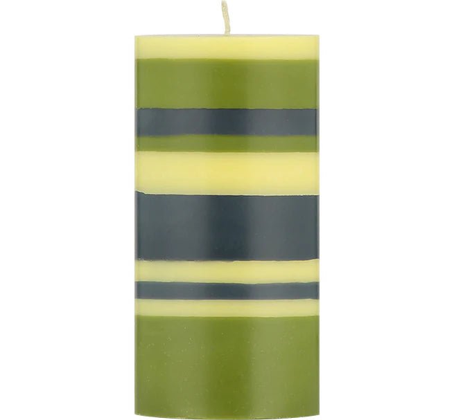 Striped Olive, Indigo and Jasmine Pillar Candle, Large 15cm