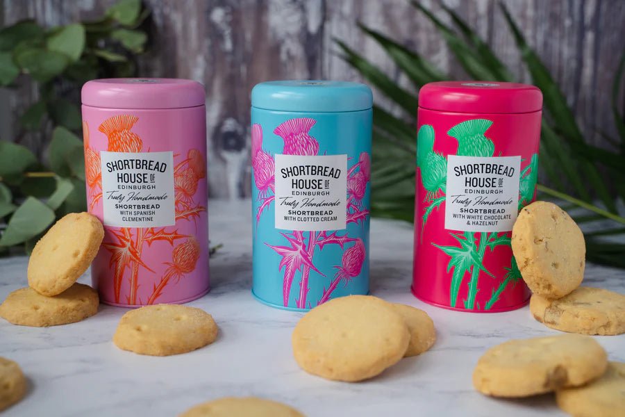Tin of Truly Handmade Shortbread Biscuits, 140g Clotted Cream,Spanish Clementine,Madagascan Vanilla,White Chocolate & Hazelnut,Salted Caramel