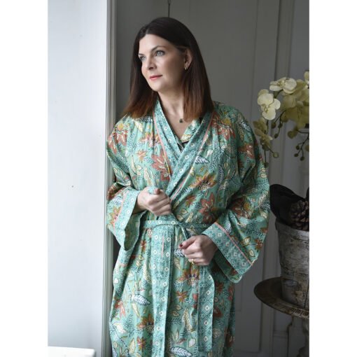 Turquoise, Pink & Olive Block Floral Print Dressing Gown - Angela Reed - 