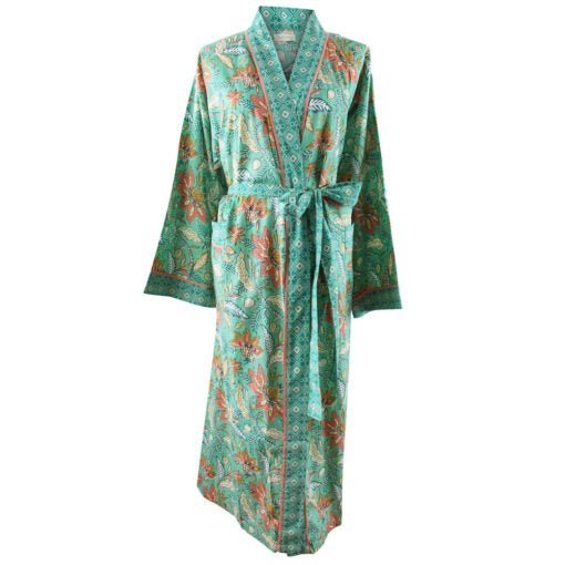 Turquoise, Pink & Olive Block Floral Print Dressing Gown - Angela Reed - 