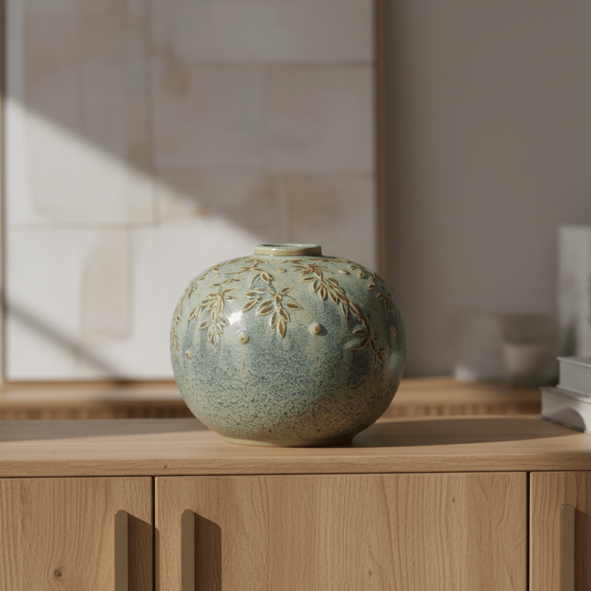 Verdigris Vine Ceramic Ball Vase - Angela Reed - 