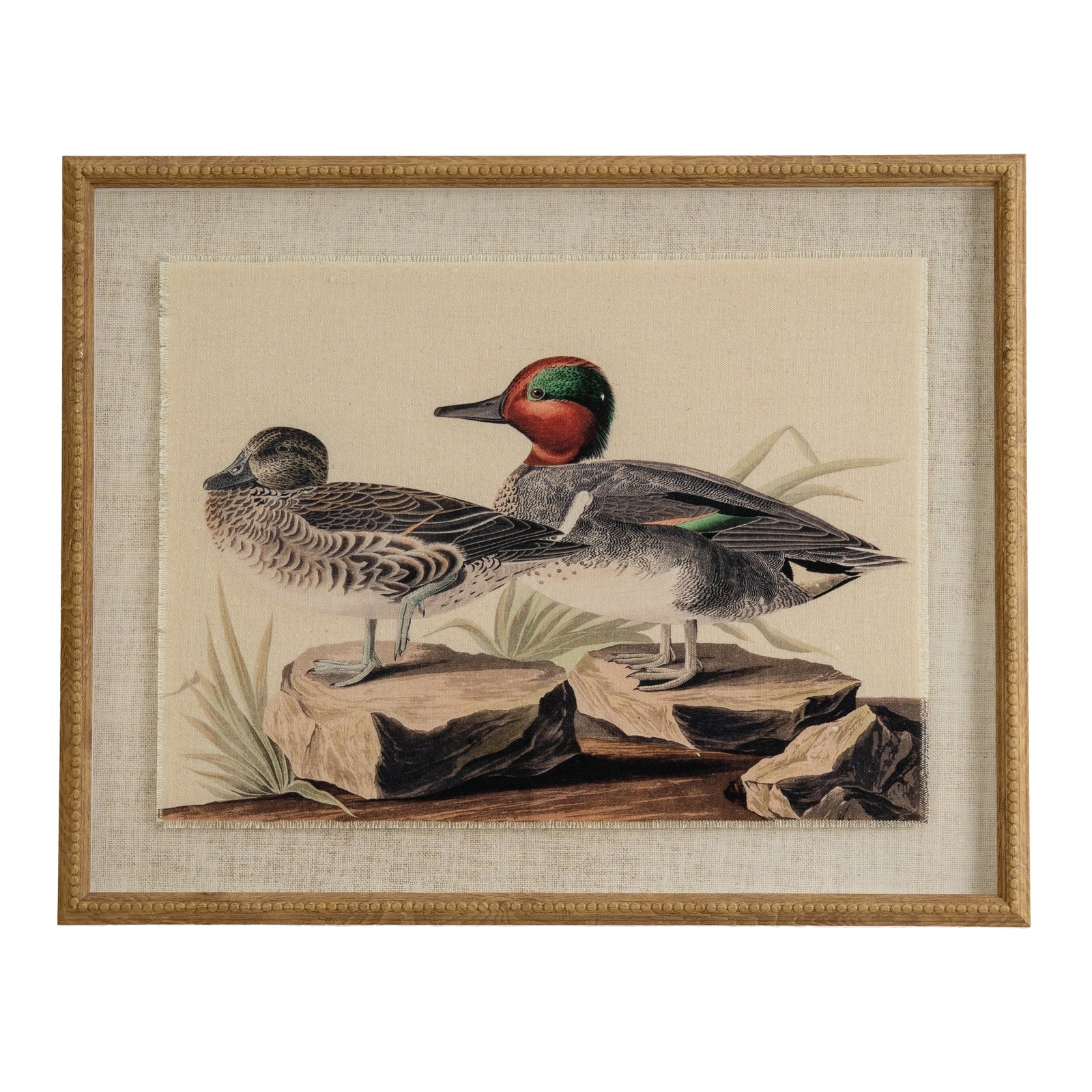 Vintage Style Teals On Linen In Wooden Frame