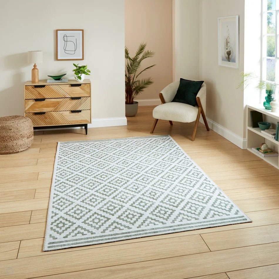Washable Geometric Rug, Coral Green 61 x 120cm,61 x 170cm,76 x 150cm,76 x 230cm,122 x 170cm,152 x 230cm