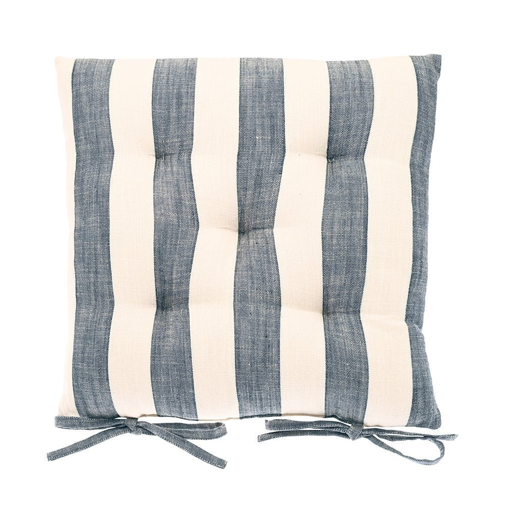 Wide Stripe Seat Pad Cushion with Ties, Flint Blue - Angela Reed -
