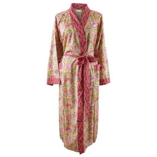 Yellow & Pink Carnation Print Dressing Gown - Angela Reed - 