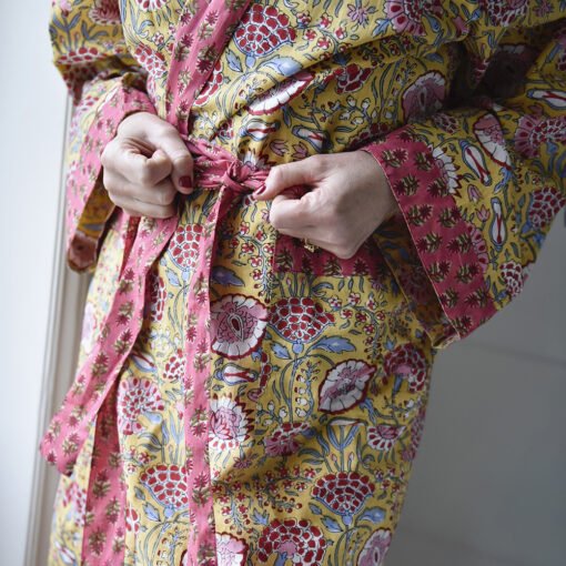 Yellow & Pink Carnation Print Dressing Gown - Angela Reed - 