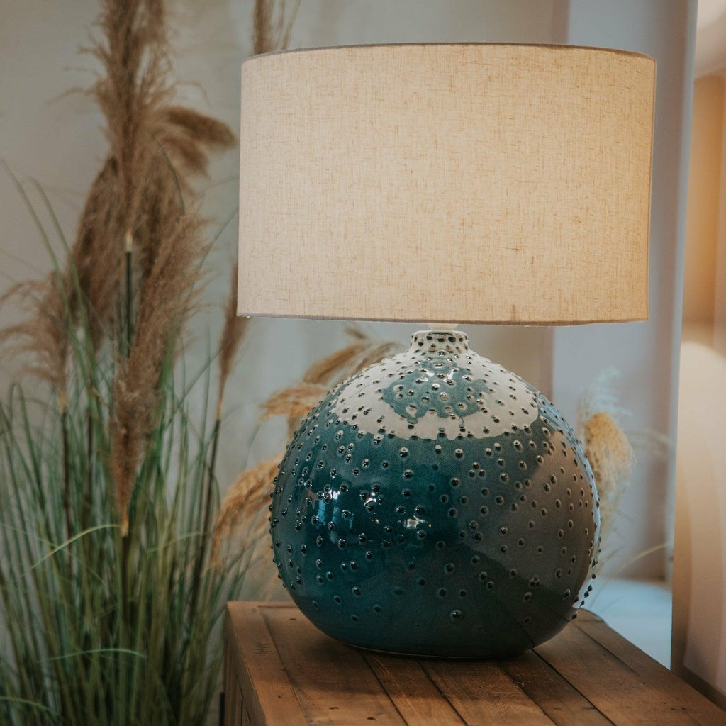 Blue Dot Ceramic Lamp with Linen Shade