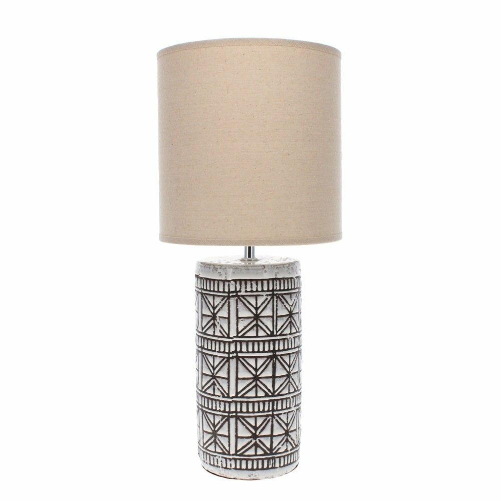 Brown Porcelain Table Lamp with Geo Pattern, Natural Shade, Small