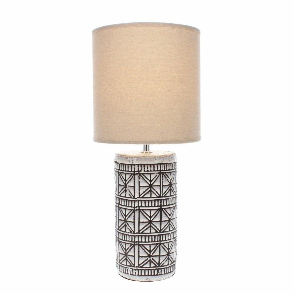 Brown Porcelain Table Lamp with Geo Pattern, Natural Shade, Small