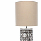 Brown Porcelain Table Lamp with Geo Pattern, Natural Shade, Small