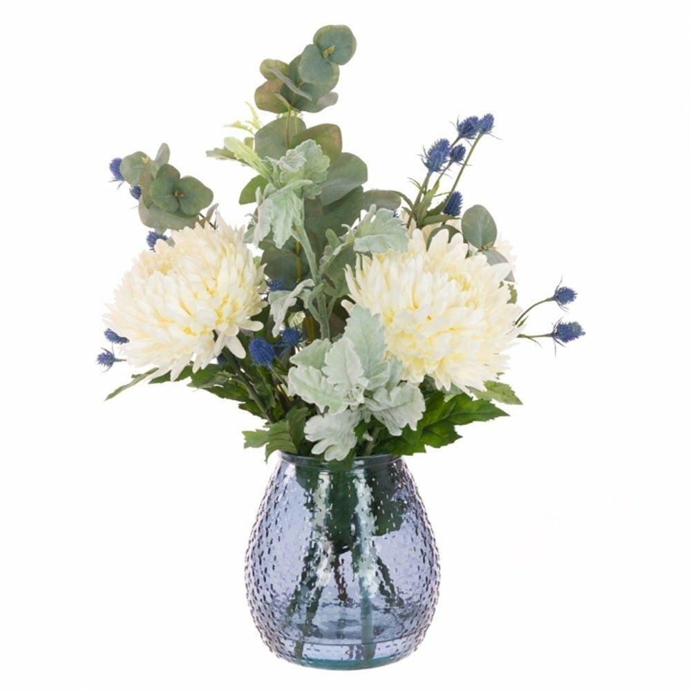 Chrysanthemum and Thistle in Blue Glass Vase