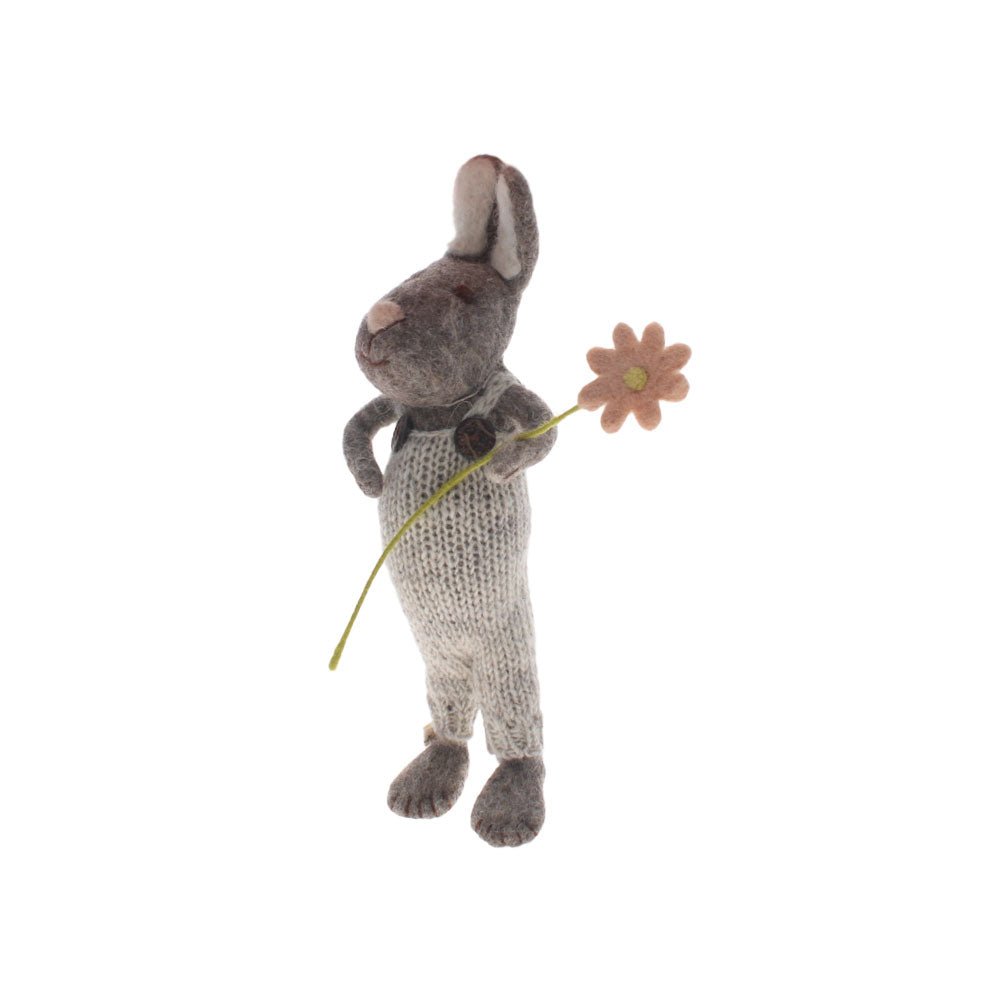 Felt Grey Bunny with Flower