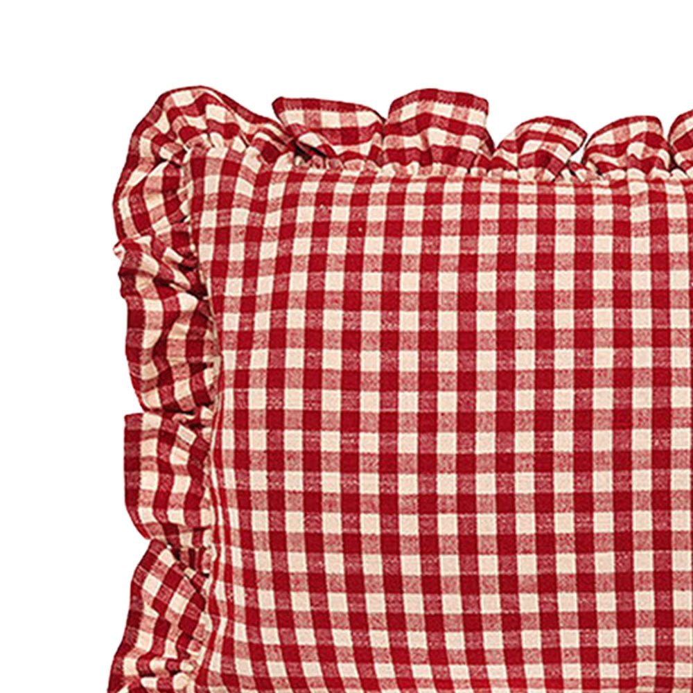 Gingham Linen Rectangular Ruffle Cushion, Red