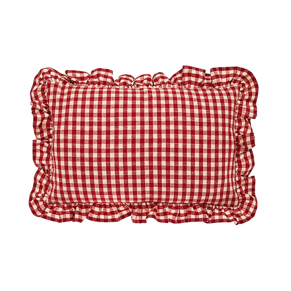 Gingham Linen Rectangular Ruffle Cushion, Red