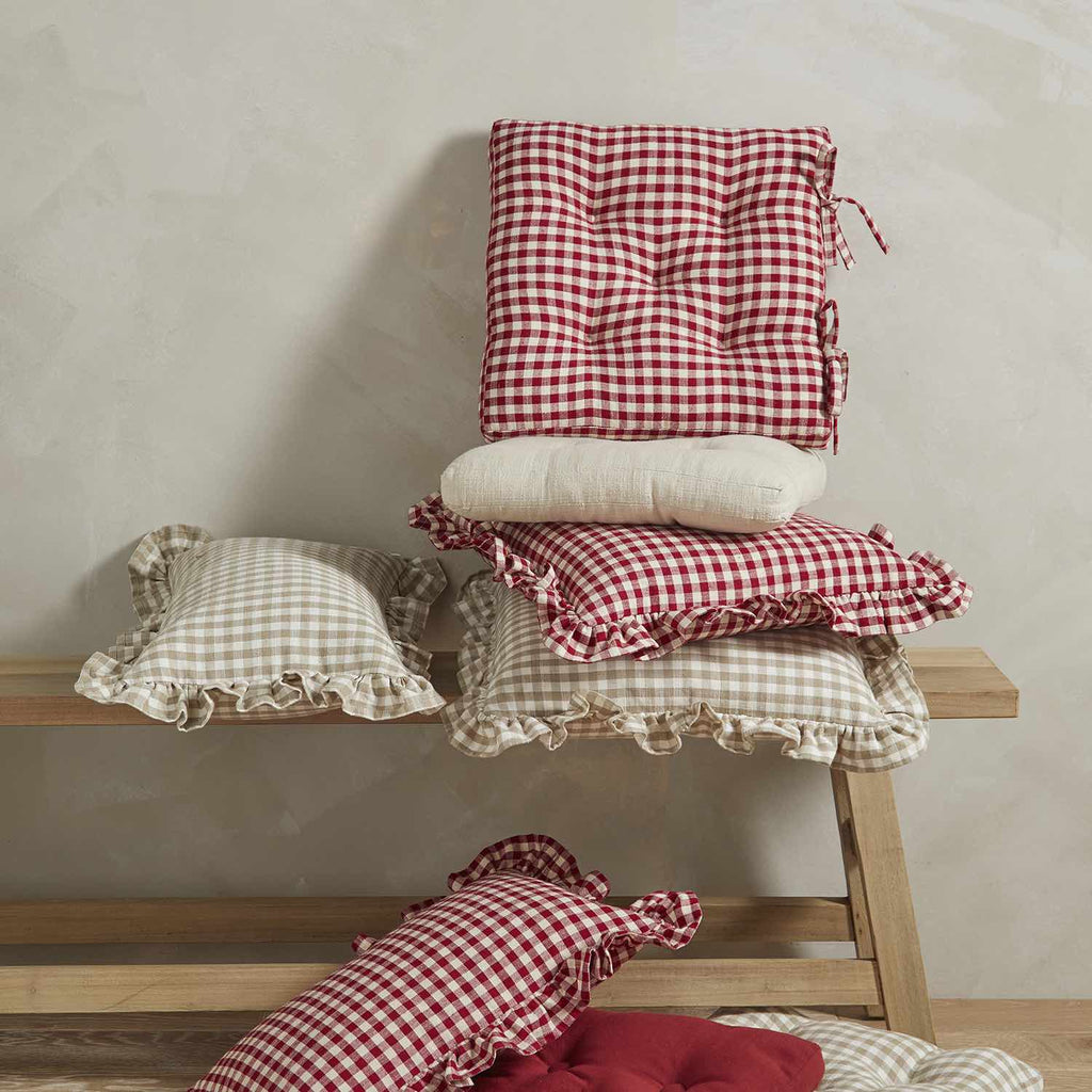 Gingham Linen Ruffle Cushion, Natural