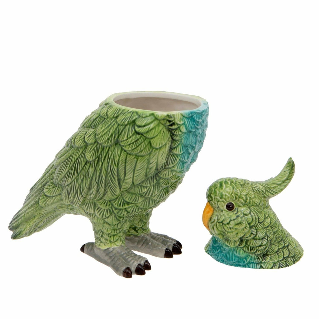 Green Parrot Ceramic Jar, Turning Head