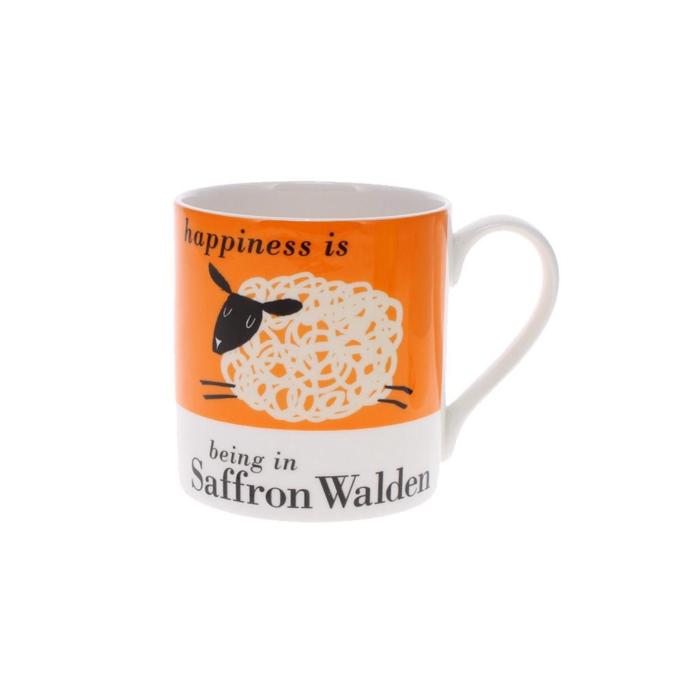 Happiness is Being in Saffron Walden Mug, Leaping sheep - Angela Reed -